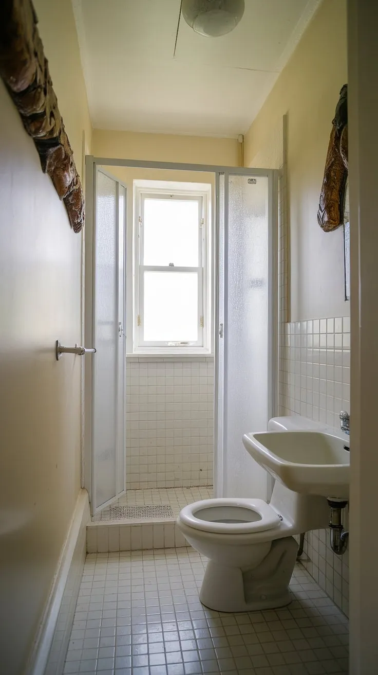 Sunlight streams into this small washroom, illuminating the bright, tiled floor and crisp white walls. The ensuite bathroom features a shower cubicle, toilet, and sink, proving that even a half bathroom with shower can be stylish and functional. This is a perfect example of small bath shower ideas and tiny bathroom ideas, maximizing space with clever design. The small bathroom with window adds a touch of elegance, while a decorative piece on the wall provides a personal touch.