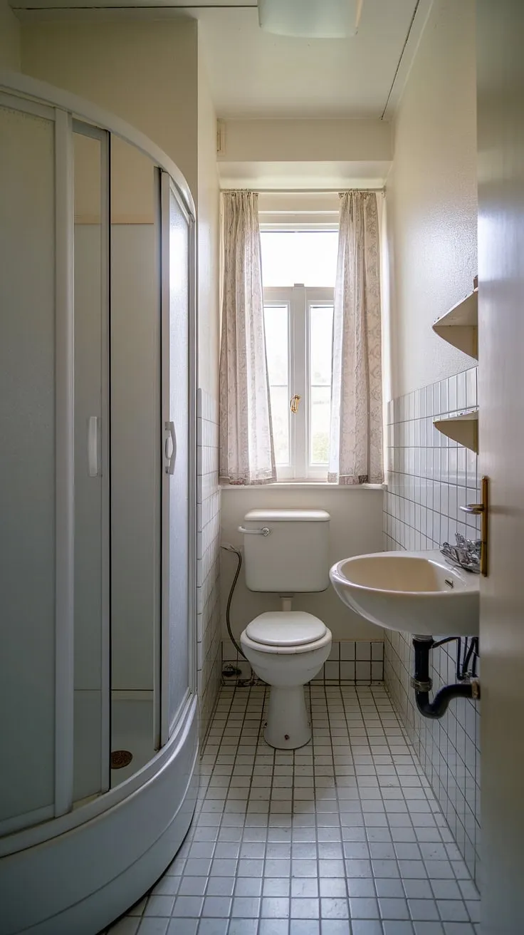 Maximize space and style in this small washroom; clever design transforms this ensuite bathroom into a functional half bathroom with shower. Small bath shower ideas at their finest.
