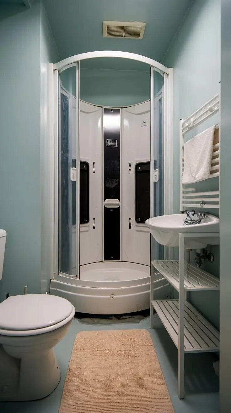 Maximize space and style in this charming small washroom; this ensuite bathroom, a half bathroom with shower, proves that even a bathroom with shower cubicle can be luxurious. Small bath shower ideas and tiny bathroom ideas come alive in this bright space, complete with a small bathroom with window.
