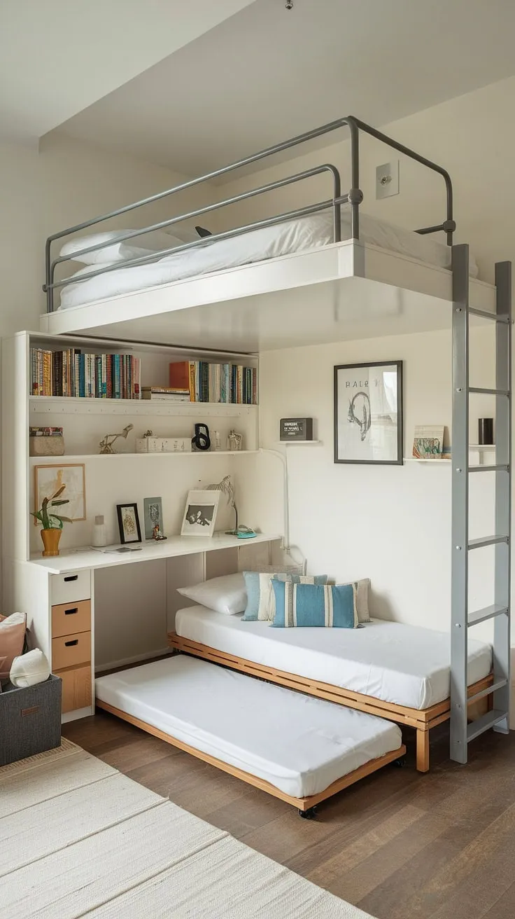 Maximize space in this small youth room with a clever micro bedroom design. A tiny room loft bed frees up floor space, while fold-out beds for small spaces tucked underneath provide extra sleeping arrangements. The small desk, bookshelf, and personal touches create a cozy and functional space efficient bedroom. This is a perfect example of small studio decorating ideas and small flat ideas space saving, showcasing small room loft bed ideas and loft bed ideas for small rooms space saving. It's a brilliant solution for small loft room ideas.