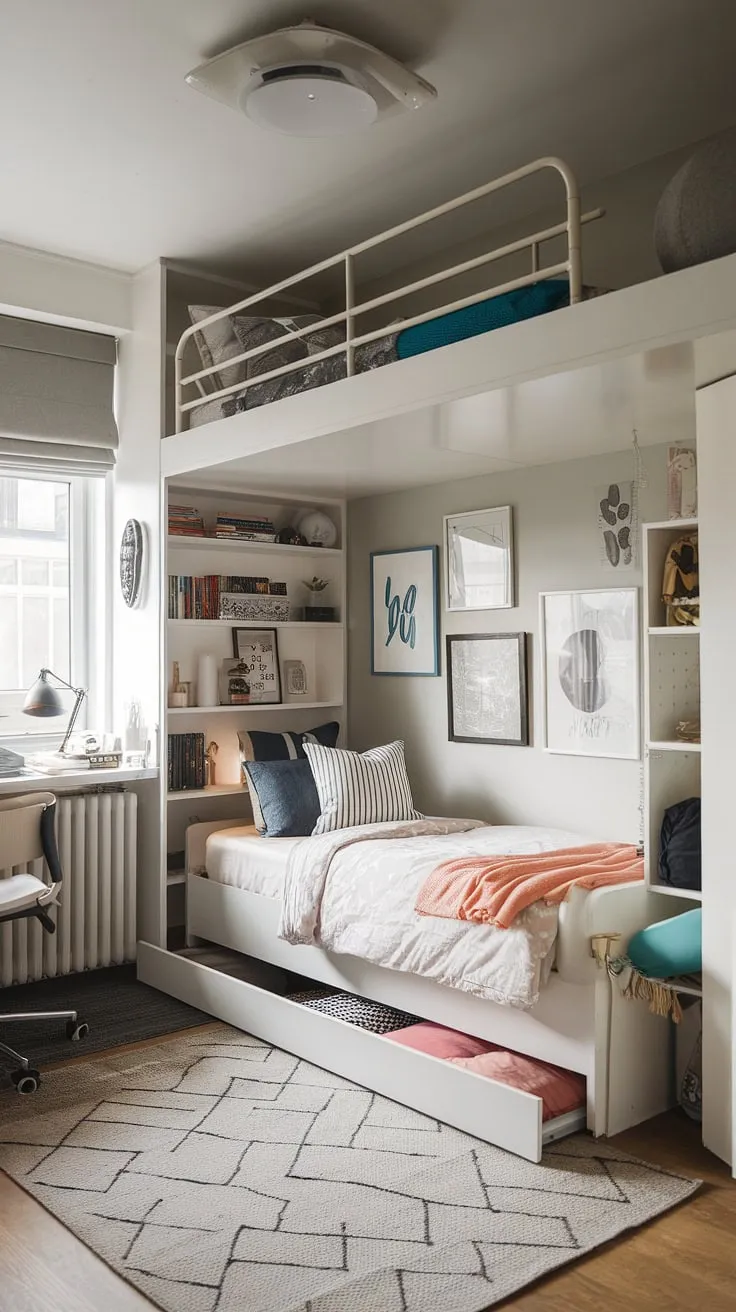 Clever space-saving solutions for a small youth room! This tiny room loft bed and fold-out beds showcase a brilliant micro bedroom design. Small room loft bed ideas and small flat ideas for space saving come together in this space-efficient bedroom with small studio decorating ideas, creating a surprisingly functional small loft room.