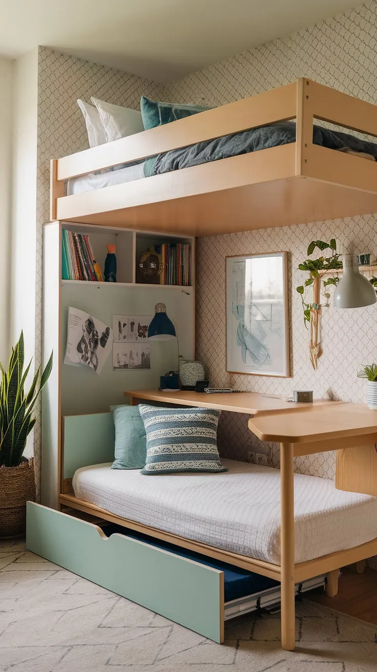Maximize space and style in this small youth room. A tiny room loft bed, fold-out bed, and clever design create a functional and inviting micro bedroom. Perfect small studio decorating ideas and small flat ideas space saving.