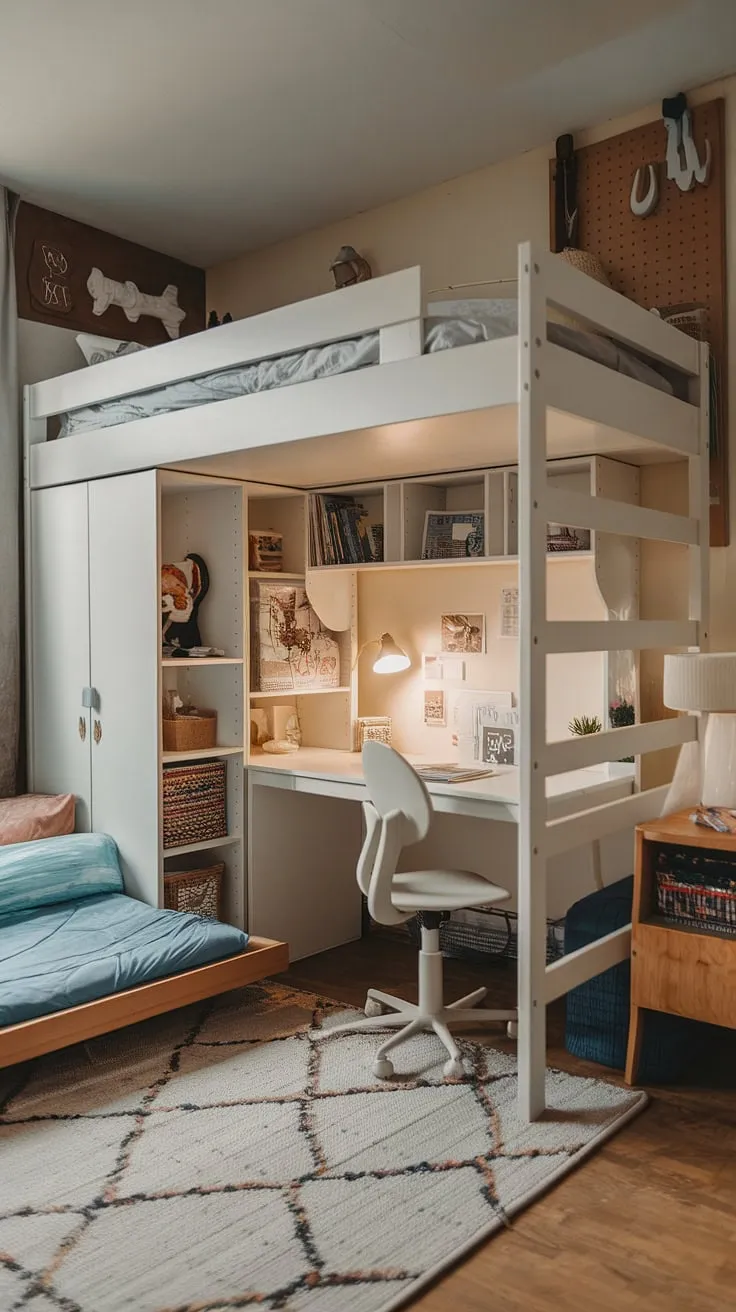 Space-saving solutions shine in this small youth room. This small studio decorating ideas showcases a loft bed ideas for small rooms space saving, perfect for small flat ideas space saving and small loft room ideas.