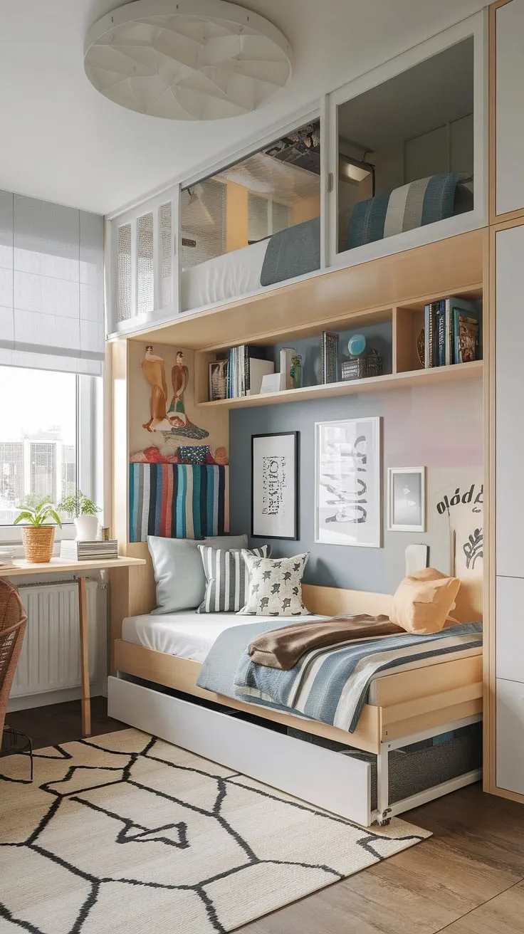 Maximize space and style in this small youth room featuring a tiny room loft bed and fold-out bed for small spaces. A micro bedroom design perfect for small studio decorating ideas and small flat ideas with space-saving features.