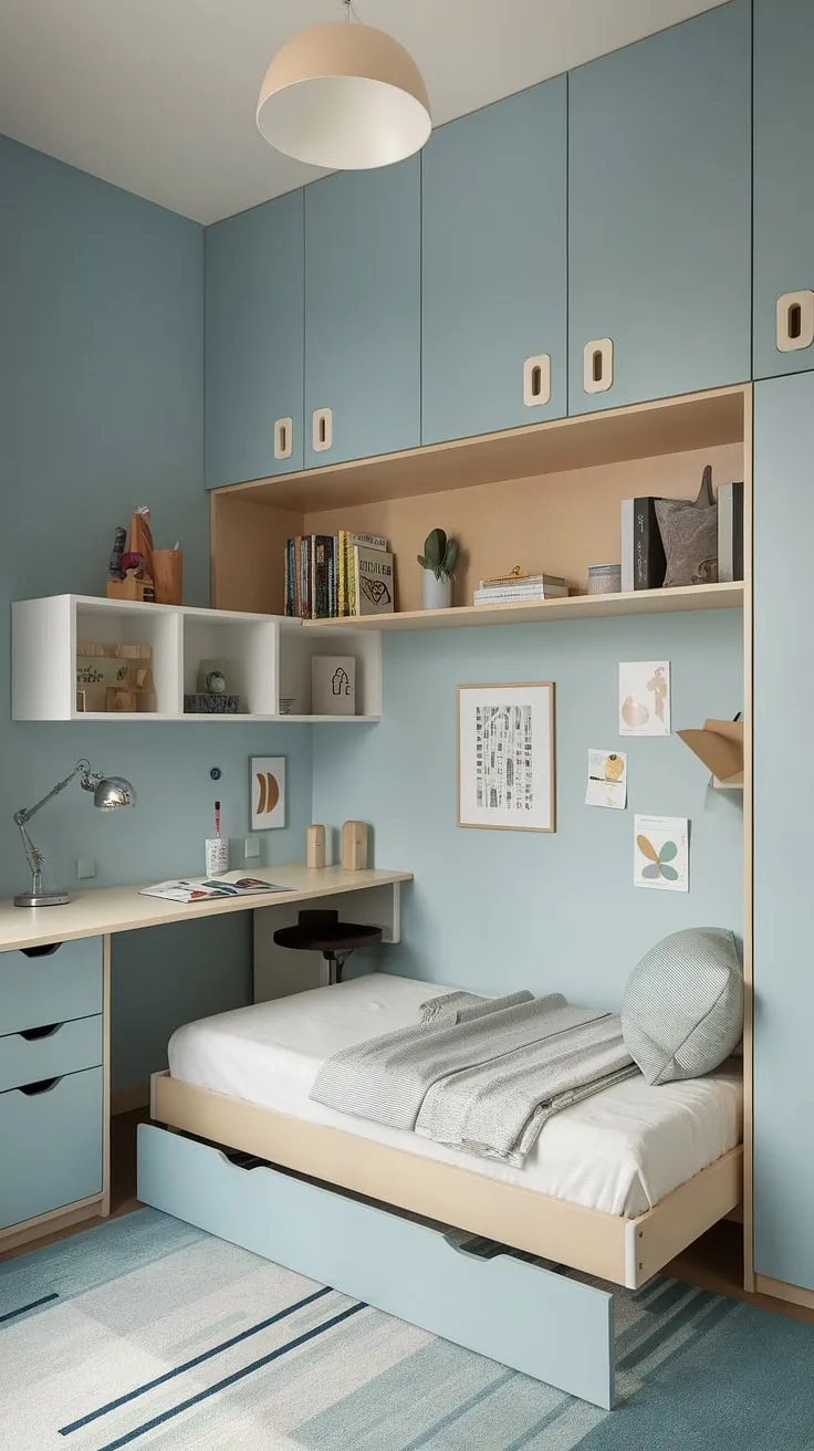 Maximize space and style in this small youth room, featuring a tiny room loft bed and clever fold-out beds for small spaces. This micro bedroom design proves that even small flat ideas space saving can be chic and functional.