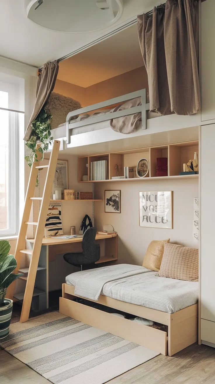 Clever small loft room ideas are on full display in this space-efficient bedroom. A tiny room loft bed, complete with a ladder and curtain, dominates the small youth room, while fold out beds for small spaces are cleverly integrated below. This micro bedroom design is a masterclass in small studio decorating ideas, utilizing every inch of space in this small flat. The small room loft bed ideas and loft bed ideas for small rooms space saving are seamlessly combined, creating a functional and inviting space with a reading nook and a touch of greenery. This is a prime example of small flat ideas space saving in action.