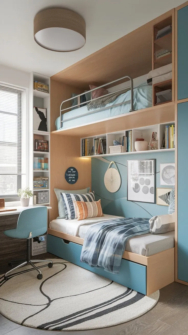 This small youth room demonstrates ingenious small flat ideas space saving with a tiny room loft bed and cleverly integrated fold-out beds for small spaces. The micro bedroom design is a masterclass in space-efficient bedroom planning, perfect for small studio decorating ideas. This is a prime example of small room loft bed ideas and loft bed ideas for small rooms space saving, maximizing every inch of space in this small loft room ideas.