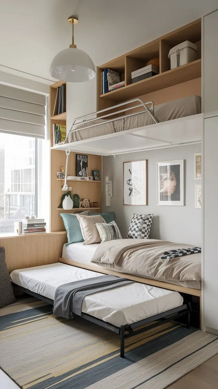 Maximize space in this small youth room with a clever micro bedroom design. A tiny room loft bed frees up floor space, complemented by fold-out beds for small spaces tucked away, offering ingenious small studio decorating ideas perfect for a small flat. This space-efficient bedroom showcases small room loft bed ideas and loft bed ideas for small rooms, maximizing every inch with smart small loft room ideas and space-saving solutions.