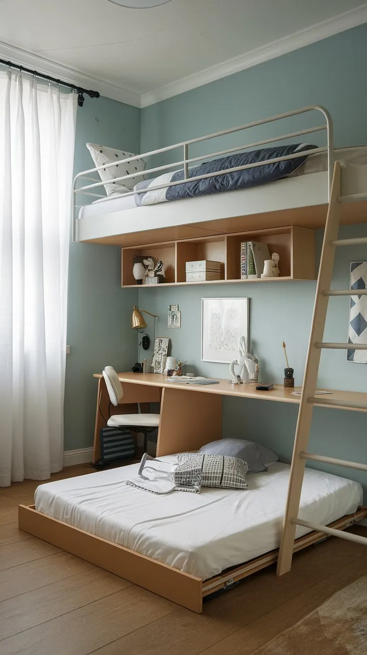 Clever space saving solutions are on display in this small youth room. A tiny room loft bed and fold-out beds for small spaces are the stars of this micro bedroom design, making it a perfect example of space-efficient bedroom planning. Ideal for small studio decorating ideas or small flat ideas space saving, this room demonstrates the potential of small room loft bed ideas and loft bed ideas for small rooms space saving. The small loft room ideas here are both functional and stylish.