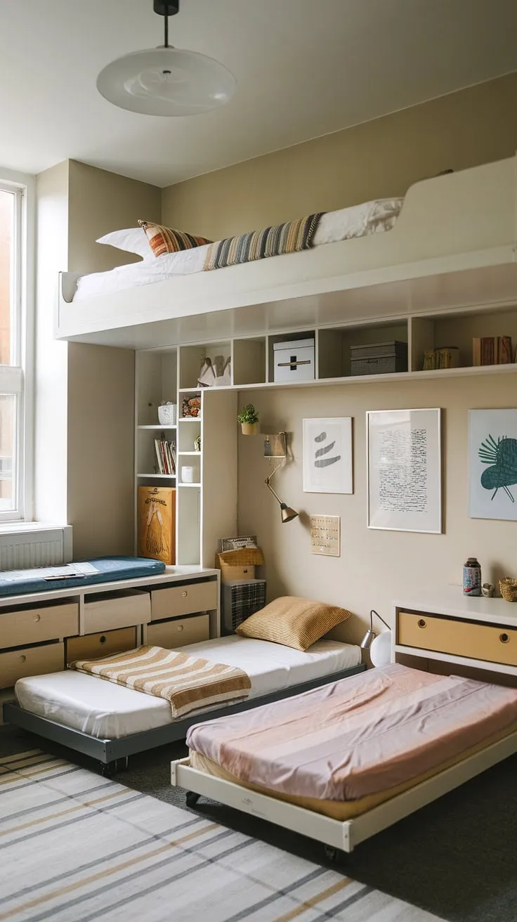 Maximize space and style in this small youth room. A tiny room loft bed, fold-out beds for small spaces, and clever shelving create a functional micro bedroom design perfect for small flat ideas space saving. This space-efficient bedroom showcases small studio decorating ideas and small room loft bed ideas, offering brilliant loft bed ideas for small rooms space saving and small loft room ideas.