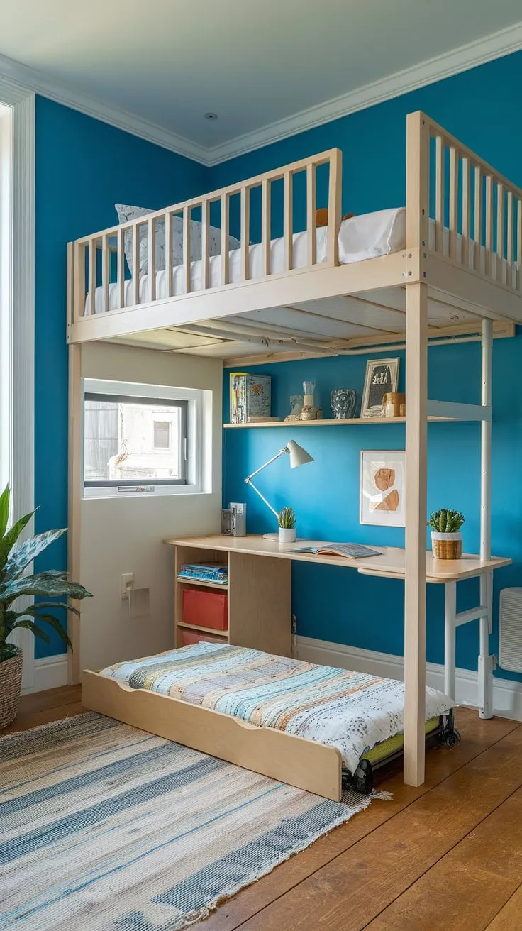 This small youth room maximizes space with a tiny room loft bed, complete with a built-in desk and shelf. The fold-out bed underneath provides extra sleeping space, making it a perfect example of micro bedroom design and space-efficient bedroom solutions. Ideal for small studio decorating ideas or small flat ideas space saving, this setup showcases clever small room loft bed ideas and loft bed ideas for small rooms space saving. The bright blue walls and wooden floors add warmth to this small loft room ideas design.