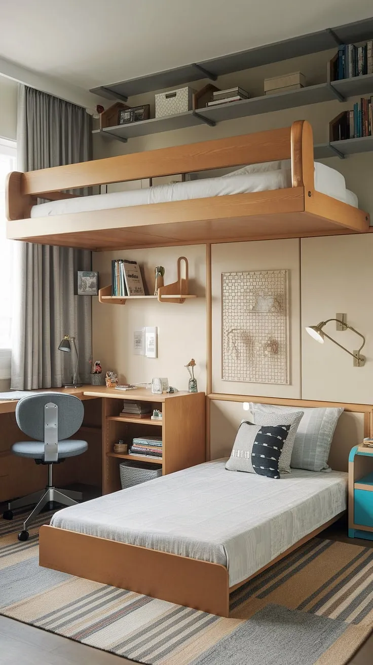 Maximize space and style in this small youth room. A tiny room loft bed and fold-out bed create the ultimate space-efficient bedroom, perfect for small studio decorating ideas or small flat ideas space saving. This micro bedroom design proves that even small loft room ideas can be big on personality.