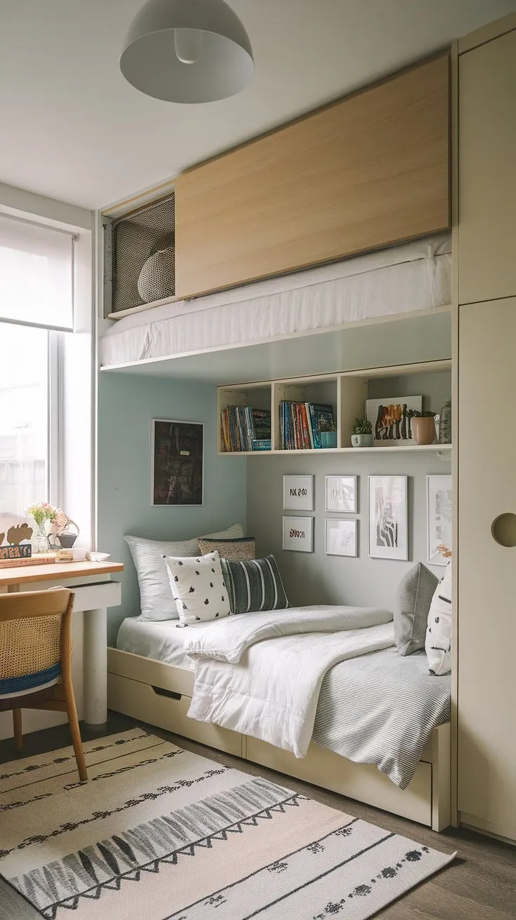 Maximize space and style in this small youth room, featuring a tiny room loft bed and clever fold-out beds for small spaces. Micro bedroom design at its finest.