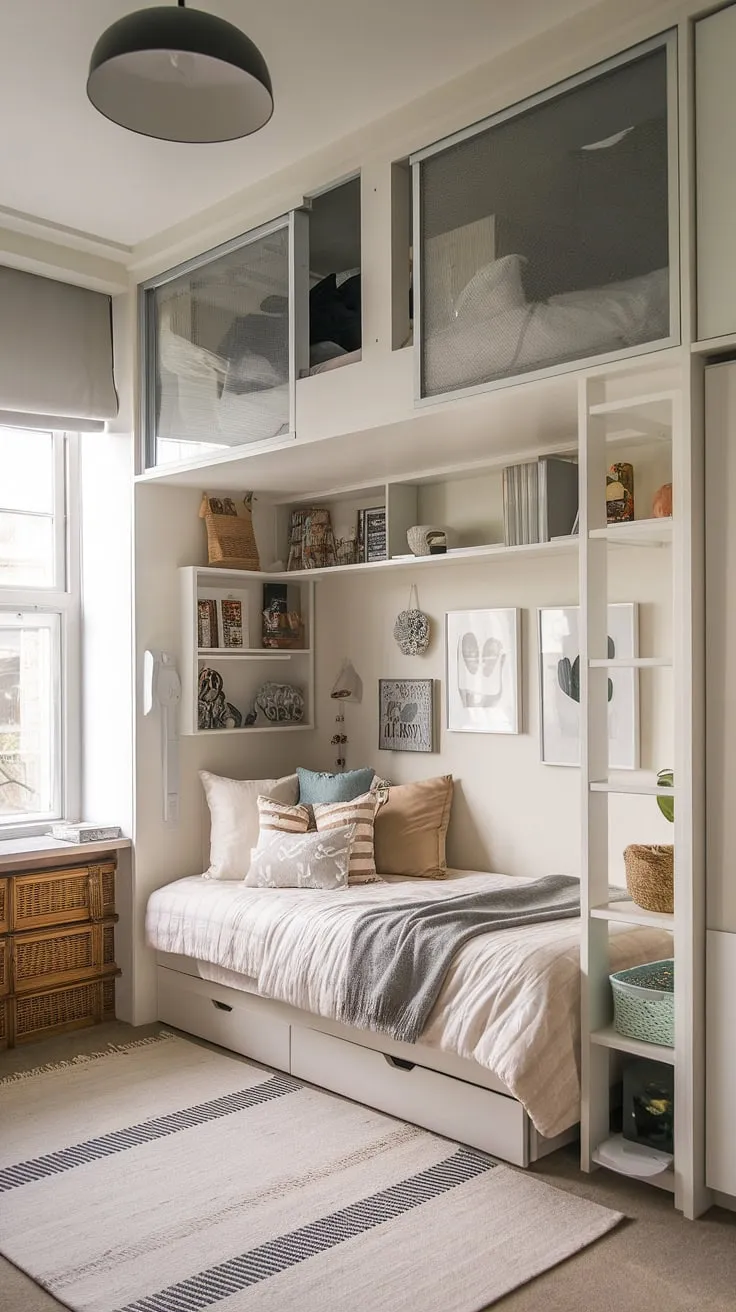 This small youth room proves that even the tiniest space can be stylish and functional. A tiny room loft bed and fold-out beds for small spaces are the stars of this micro bedroom design, a testament to space-efficient bedroom planning. Small studio decorating ideas and small flat ideas for space saving are seamlessly integrated, making the most of this small room loft bed and offering clever loft bed ideas for small rooms. The result is a surprisingly spacious small loft room.