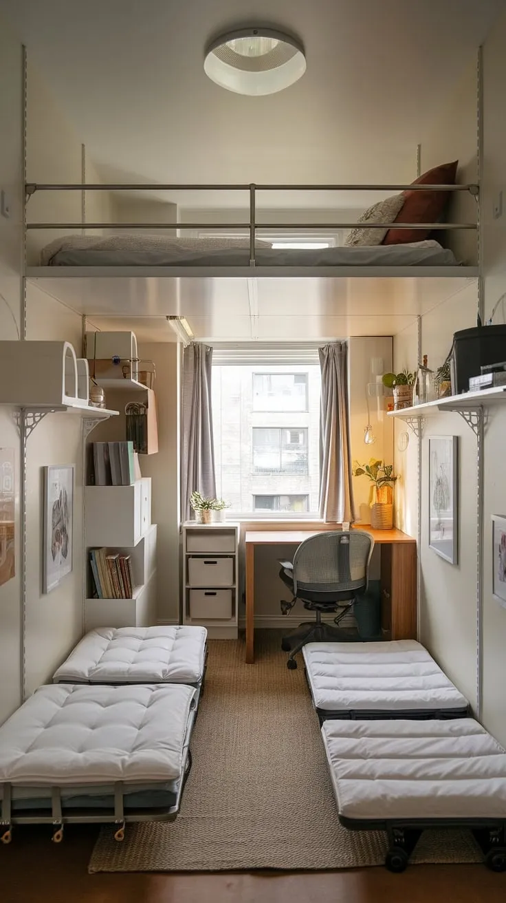 Small loft room ideas abound in this space-efficient bedroom! A small room loft bed, fold-out beds for small spaces, and smart small studio decorating ideas transform this micro bedroom design into a functional and stylish haven. Perfect small room loft bed ideas for space saving.