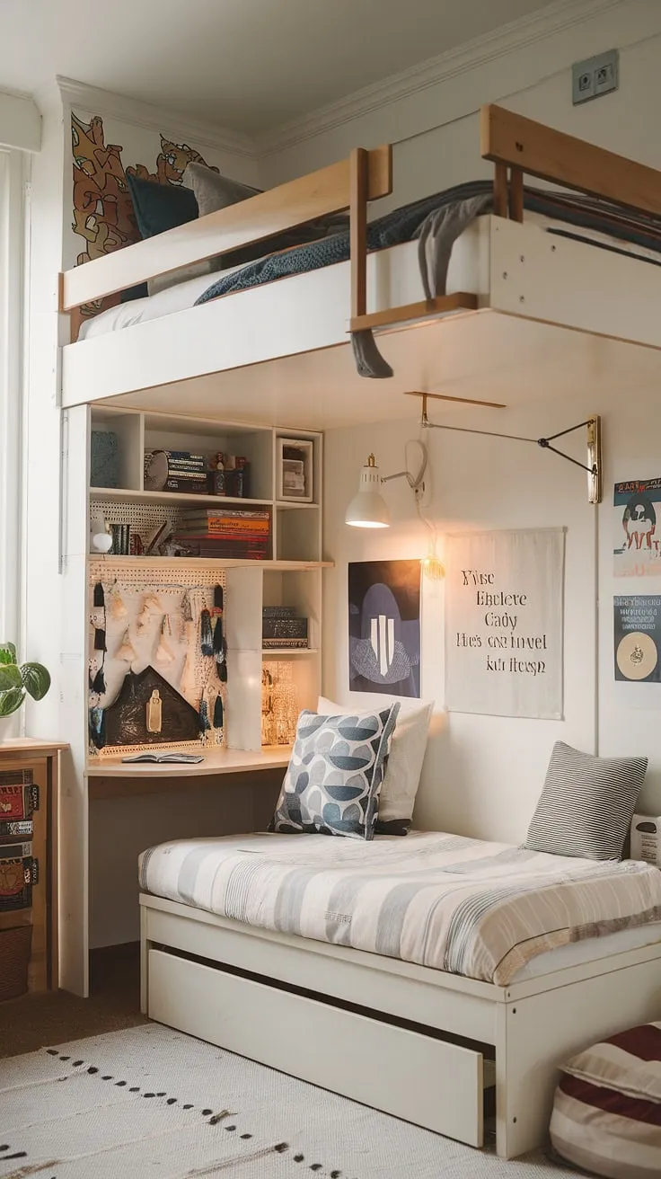 Clever space-saving solutions for a small youth room! This tiny room loft bed, with integrated desk and shelves, showcases space-efficient bedroom design at its finest. Fold out beds for small spaces and small loft room ideas make this micro bedroom a dream for small flat ideas space saving. Small room loft bed ideas and loft bed ideas for small rooms space saving are perfectly realized here.