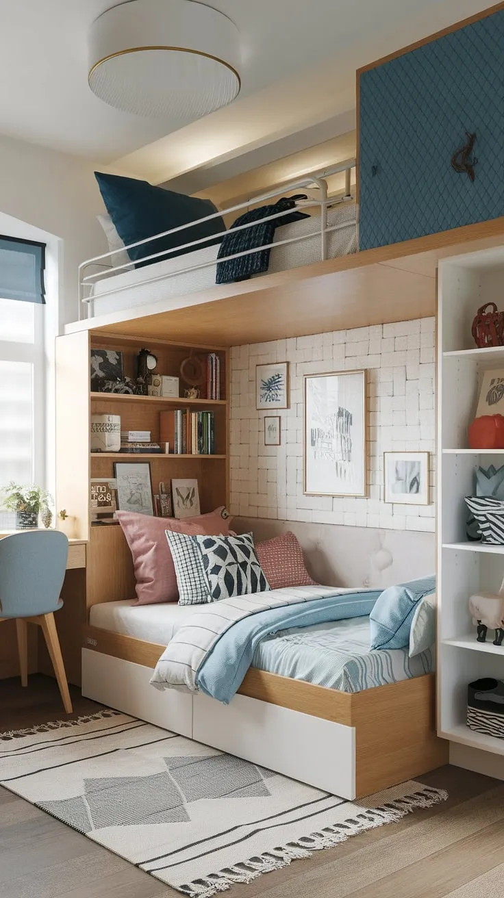 Maximize space in this small youth room with a clever tiny room loft bed, freeing up floor space for fold-out beds for small spaces. The micro bedroom design showcases space-efficient furniture and small studio decorating ideas, perfect for small flat ideas space saving. This small room loft bed idea, with its loft bed for small rooms space saving design, and additional small loft room ideas, creates a functional and stylish haven.
