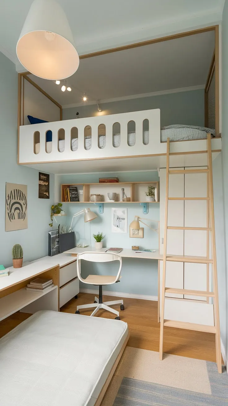 This small youth room maximizes space with a tiny room loft bed, creating a cozy and functional haven. The fold-out bed provides extra sleeping space, while the desk and shelves offer ample workspace and storage. This micro bedroom design is perfect for small flat ideas space saving, showcasing clever small studio decorating ideas and small room loft bed ideas. The light blue walls and white furniture enhance the feeling of spaciousness, making it a prime example of space efficient bedroom design and loft bed ideas for small rooms space saving. Small loft room ideas don't get much better than this!