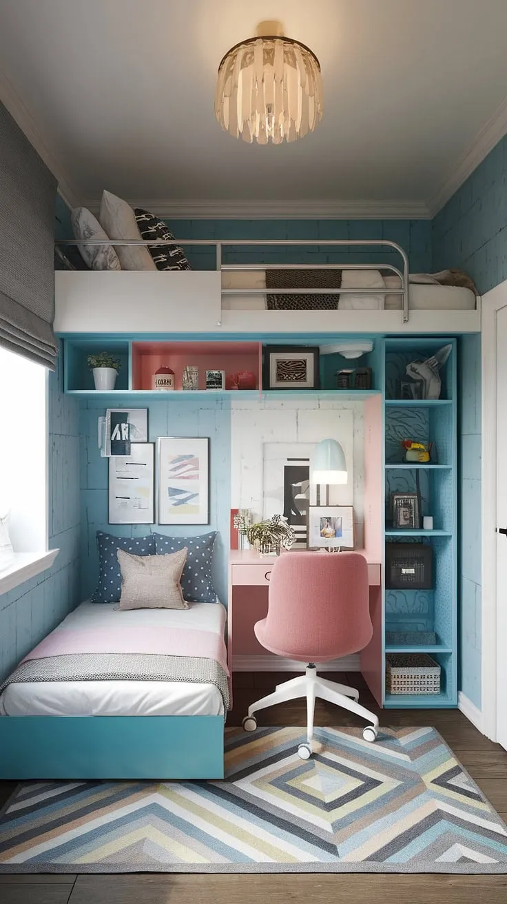 This space-efficient bedroom is a masterclass in small flat ideas space saving. A tiny room loft bed anchors this small youth room, providing ample sleeping space above while leaving the floor open. Fold-out beds for small spaces offer extra sleeping arrangements, making it perfect for families or shared living. The small studio decorating ideas and small room loft bed ideas create a functional and stylish micro bedroom design, ideal for those with limited space. This is a prime example of loft bed ideas for small rooms space saving.