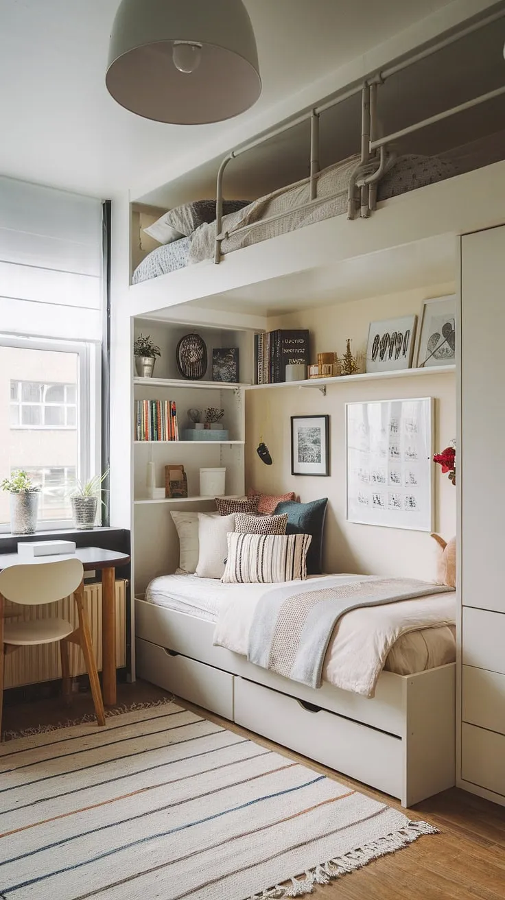 Maximize space in this small youth room with a clever tiny room loft bed design. Fold-out beds for small spaces tucked neatly beneath create a surprisingly spacious micro bedroom design. This space-efficient bedroom showcases brilliant small studio decorating ideas, perfect for small flat ideas with space-saving features. The small room loft bed ideas and loft bed ideas for small rooms space saving are truly inspiring, transforming this small loft room idea into a functional and stylish haven.