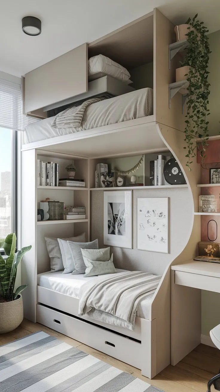 Small room, big dreams! This space-efficient bedroom showcases smart small loft room ideas, including a tiny room loft bed and fold-out beds for small spaces, proving that even a micro bedroom design can be stylish and functional with small studio decorating ideas and loft bed ideas for small rooms space saving.
