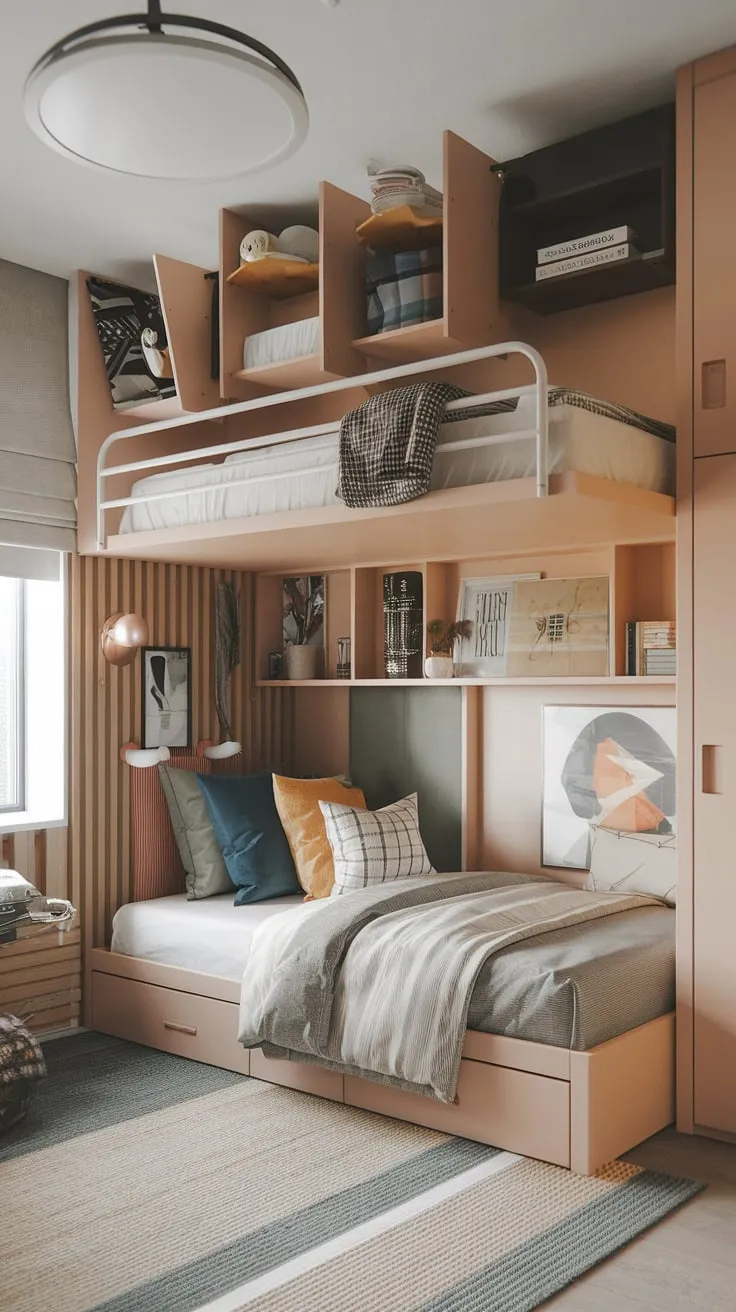 Maximize space in this small youth room with a clever tiny room loft bed featuring fold-out beds for small spaces. This micro bedroom design is a space-efficient solution, showcasing small studio decorating ideas and small flat ideas for space saving. The small room loft bed ideas, and overall loft bed ideas for small rooms space saving, transform this small loft room ideas into a functional and stylish haven.