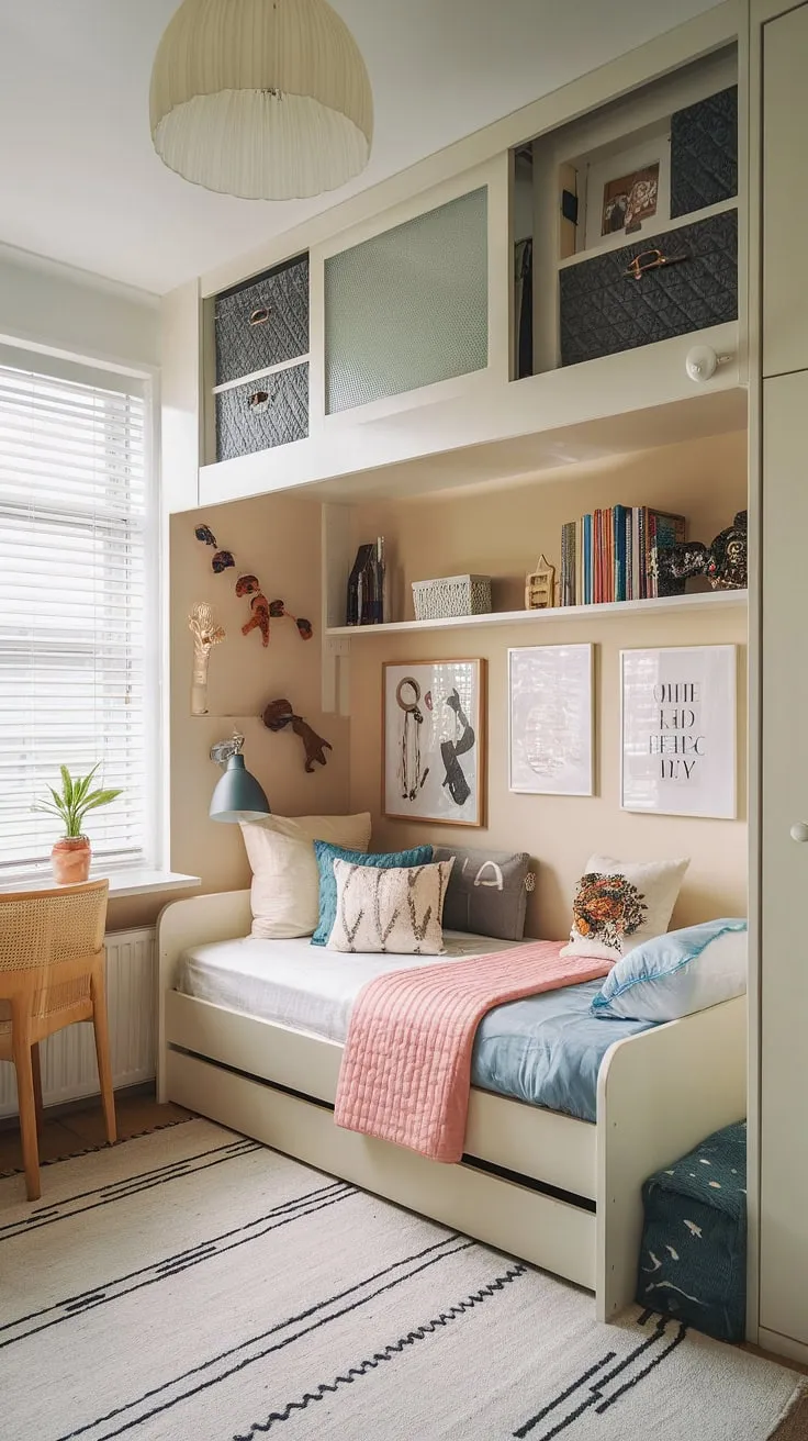 Clever small room loft bed ideas transform this small youth room into a functional and stylish space. Space-efficient bedroom design and fold-out beds for small spaces make the most of every inch, showcasing small studio decorating ideas and small loft room ideas.