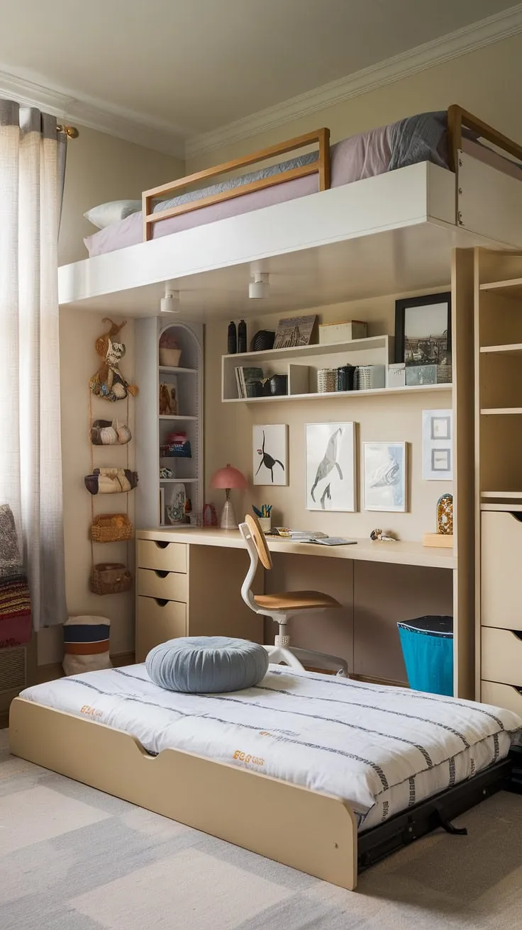 Maximize space and style in this small youth room. A tiny room loft bed and fold-out bed create a surprisingly spacious micro bedroom design, perfect for small studio decorating ideas or small flat ideas space saving. Clever small room loft bed ideas and loft bed ideas for small rooms space saving make this space efficient bedroom a dream.