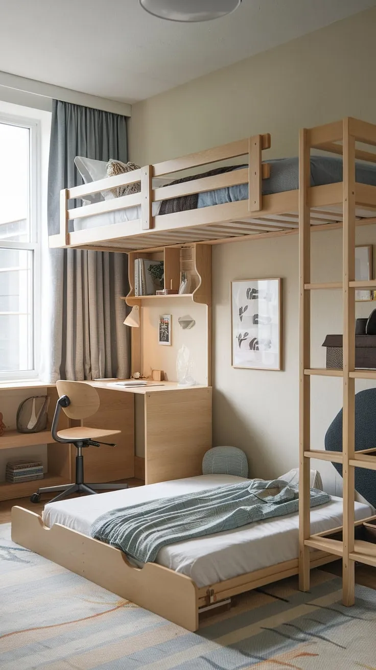 This space-saving micro bedroom design transforms a small youth room into a functional and stylish haven. A tiny room loft bed cleverly maximizes vertical space, while a fold-out bed tucked underneath provides extra sleeping arrangements, ideal for fold out beds for small spaces. This small studio decorating ideas showcase demonstrates how small flat ideas space saving can be achieved with thoughtful furniture choices. The room is a testament to small room loft bed ideas and loft bed ideas for small rooms space saving, offering inspiration for anyone looking for small loft room ideas in a compact space.