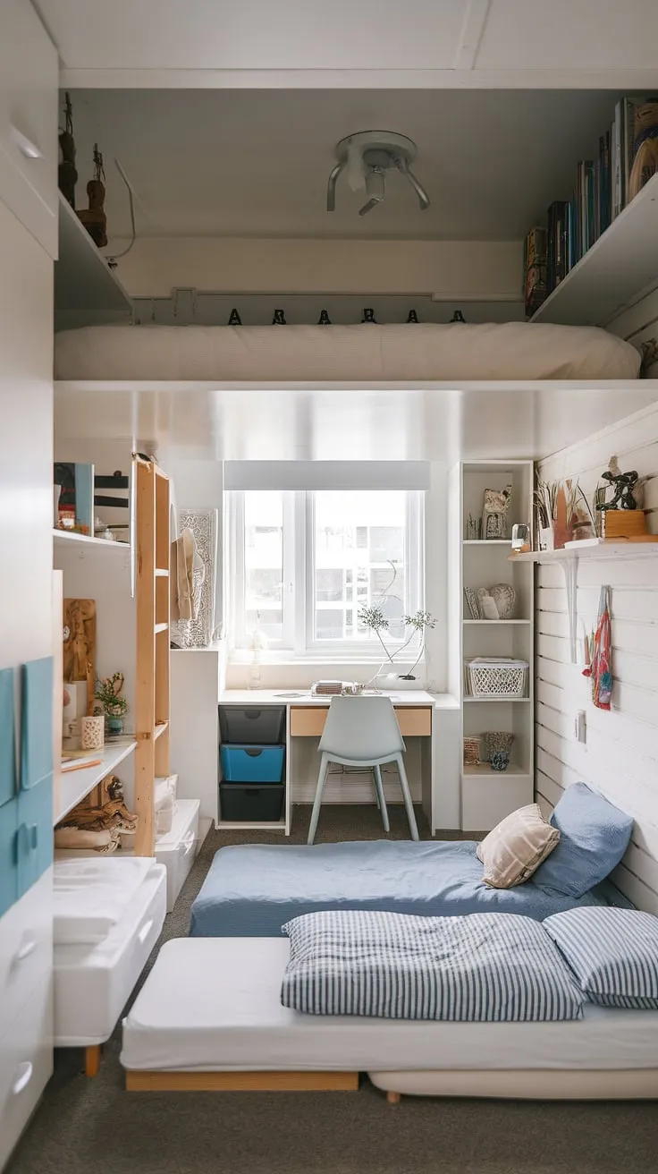 Clever small loft room ideas are on full display in this space-efficient bedroom. A tiny room loft bed cleverly utilizes vertical space, while fold-out beds for small spaces provide extra sleeping arrangements. This micro bedroom design is perfect for small flats, incorporating small flat ideas space saving and small room loft bed ideas to create a functional and stylish small youth room.