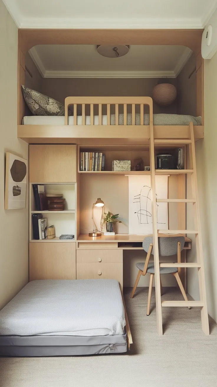 Maximize space and style in this small youth room. A tiny room loft bed with a fold-out bed underneath creates the ultimate space-efficient bedroom, perfect for small studio decorating ideas or small flat ideas space saving. This micro bedroom design showcases smart small room loft bed ideas and loft bed ideas for small rooms space saving, proving that even small loft room ideas can be stylish and functional.