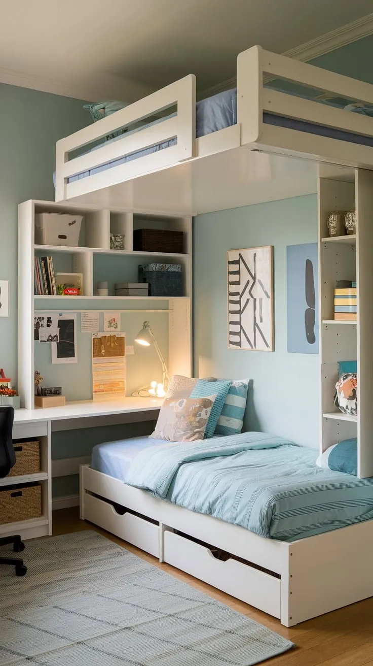 Space-saving solutions shine in this small youth room. A tiny room loft bed cleverly elevates the sleeping area, freeing up valuable floor space for a desk and fold-out beds for small spaces. This micro bedroom design is a masterclass in space-efficient bedroom organization, perfect for small studio decorating ideas and small flat ideas space saving. The light blue walls and rug add a touch of personality to this functional space, making it a great example of small room loft bed ideas and loft bed ideas for small rooms space saving, and showcasing the potential of small loft room ideas.