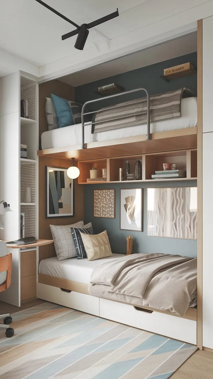 Smart small flat ideas space saving: This small youth room showcases a transformative tiny room loft bed with fold-out beds for small spaces, offering brilliant small room loft bed ideas and loft bed ideas for small rooms space saving, ideal for small loft room ideas.