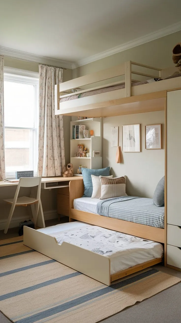 Maximize space and style in this small youth room. A tiny room loft bed with a pull-out trundle, plus a fold-out chair bed, proves that even micro bedroom design can be chic and functional. Perfect small studio decorating ideas and small flat ideas space saving.