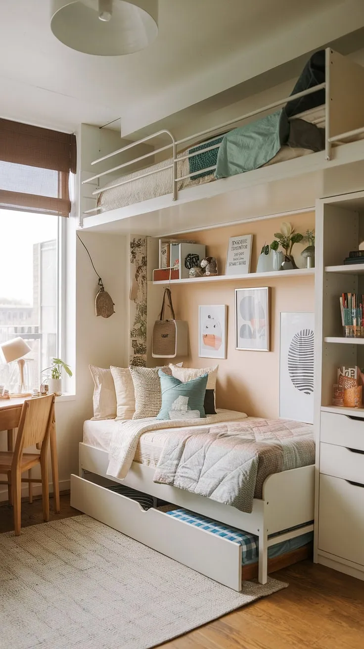 This small youth room demonstrates how a space-efficient bedroom can be both stylish and functional. The tiny room loft bed maximizes vertical space, complemented by fold-out beds for small spaces, ideal for sleepovers. The small studio decorating ideas and small flat ideas for space saving create a surprisingly spacious feel. This is a prime example of small room loft bed ideas and loft bed ideas for small rooms that are space-saving, all within the context of these small loft room ideas.