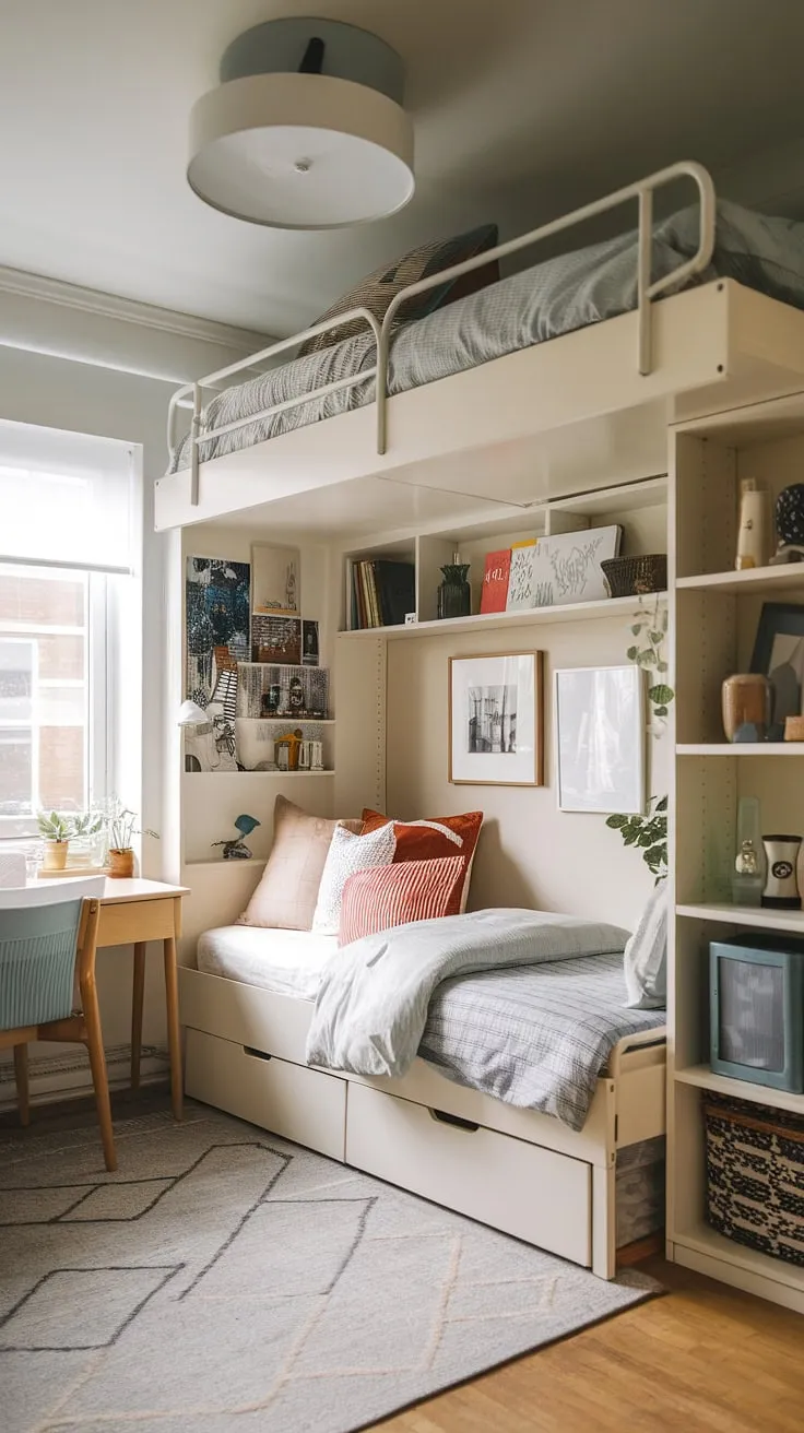 Space-saving is key in this small flat, where a tiny room loft bed anchors this small youth room's micro bedroom design. Fold-out beds for small spaces provide extra sleeping arrangements, while small studio decorating ideas enhance the space-efficient bedroom. These small room loft bed ideas and loft bed ideas for small rooms, space saving, are perfect examples of small flat ideas space saving and small loft room ideas.