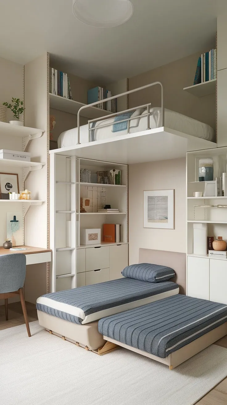 Space-efficient bedroom solutions for small flat ideas space saving! This small youth room features a loft bed, fold-out beds for small spaces, and smart storage, showcasing small room loft bed ideas and loft bed ideas for small rooms space saving. Small loft room ideas don't get much better than this.