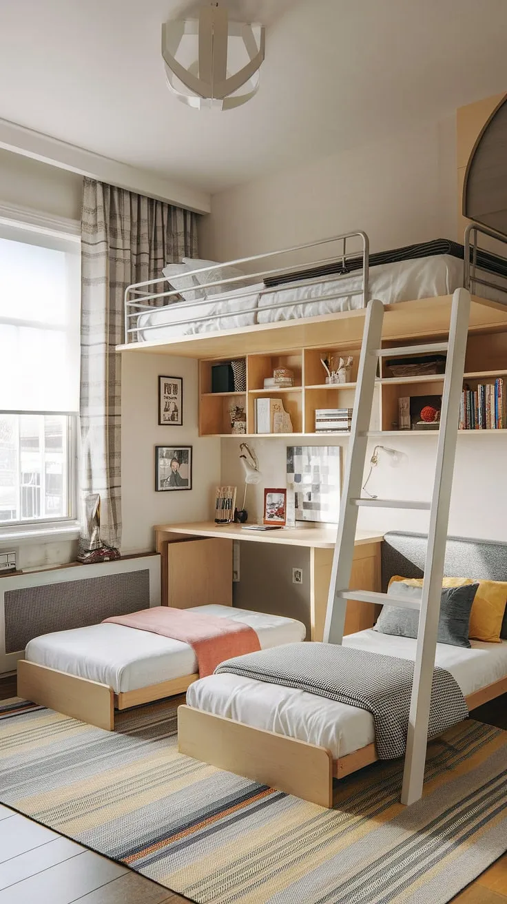 This small youth room proves that big style doesn't need big space. Smart small room loft bed ideas, fold-out beds for small spaces, and thoughtful small studio decorating ideas create a functional and fun small loft room. The ultimate in space-saving small flat ideas.