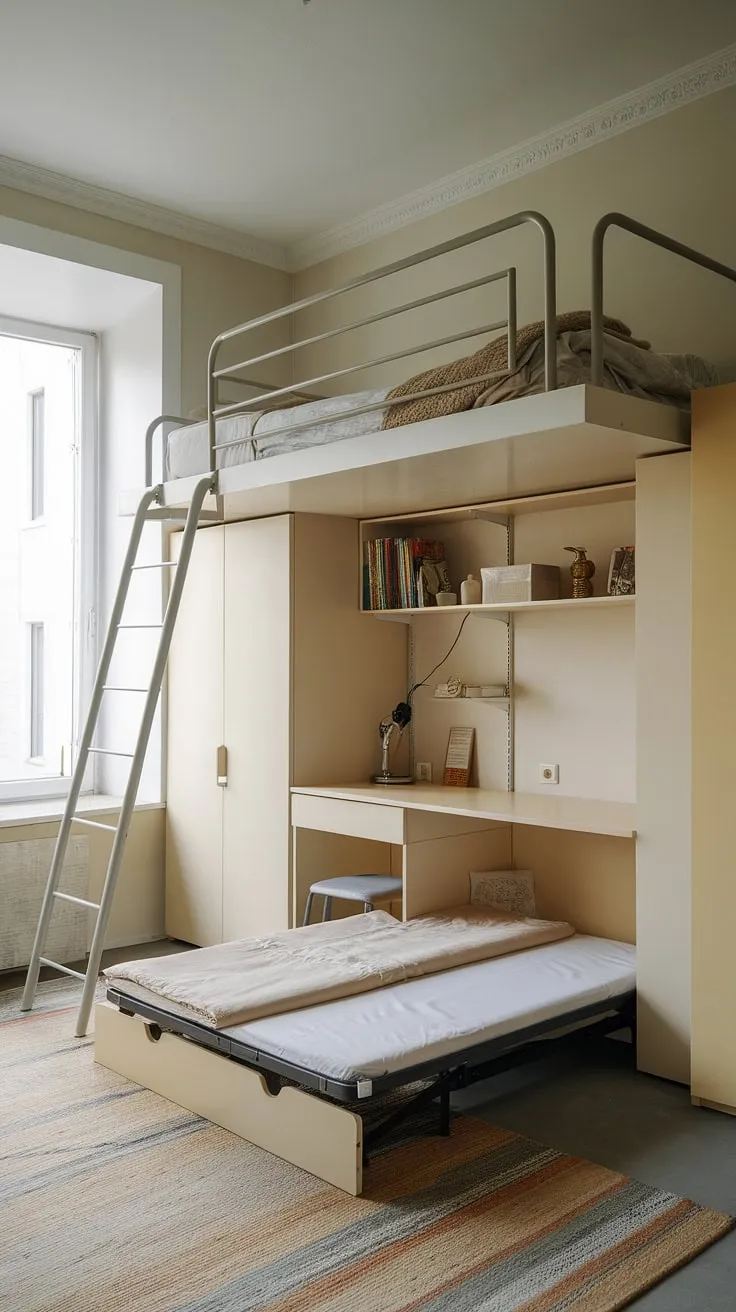 This space-efficient bedroom is a testament to smart small studio decorating ideas. A tiny room loft bed cleverly maximizes vertical space, leaving room below for a fold out beds for small spaces and a small desk. Perfect for a small youth room or a small flat, this micro bedroom design offers practical small room loft bed ideas and loft bed ideas for small rooms space saving. The overall effect is a surprisingly spacious and stylish small loft room ideas solution.