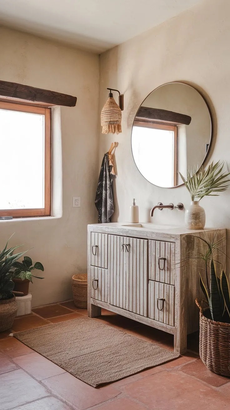 Escape to this tranquil boho bathroom, a haven of southwestern style and understated elegance. The textured walls, terracotta floors, and rustic white vanity combine to create a space that's both beautiful and functional. A perfect blend of nature and design.