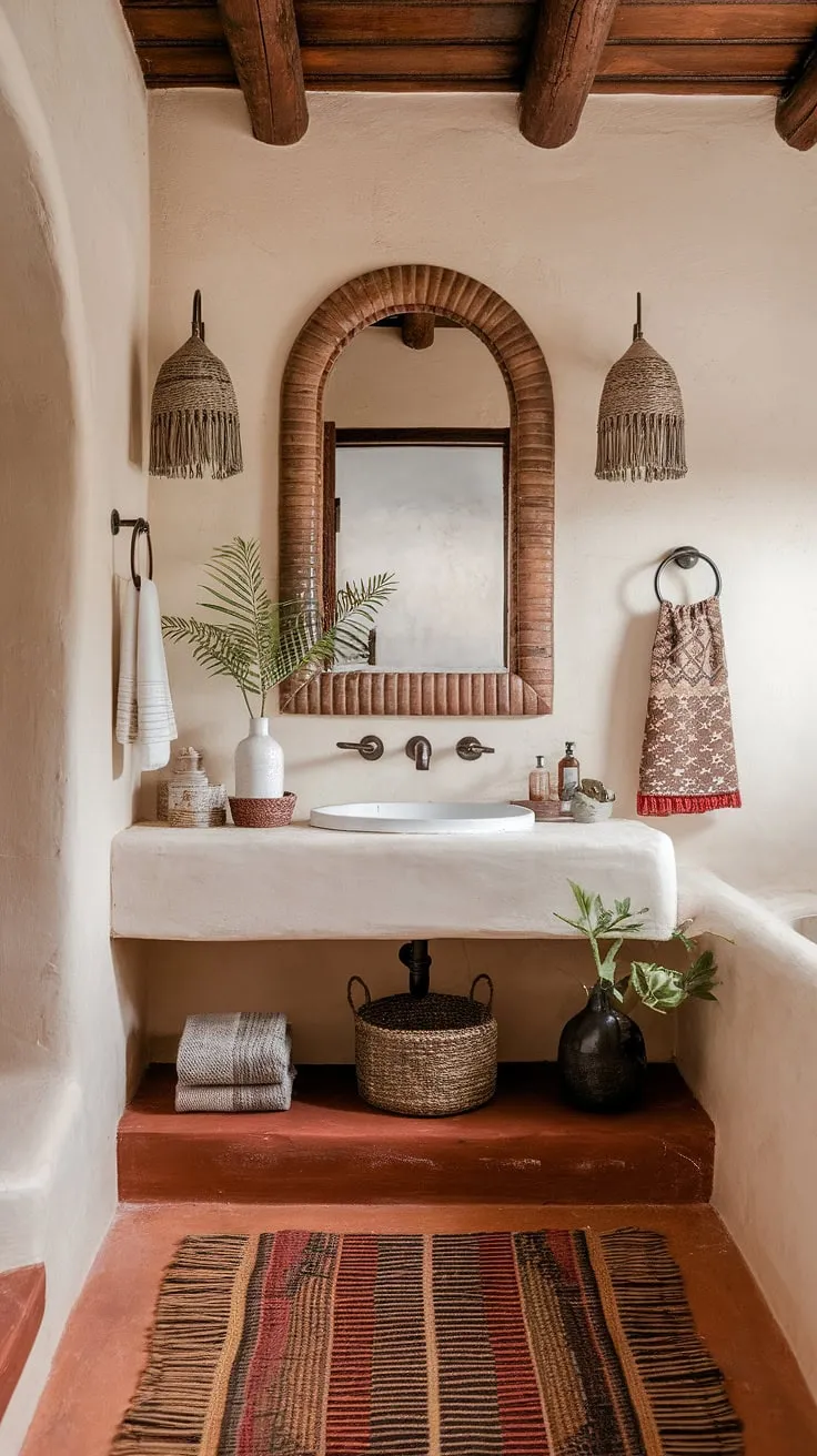 Sun-drenched terracotta tiles and a bohemian vanity create a Southwestern sanctuary, blending hacienda charm with relaxed Mexican style. This powder room is a true escape.