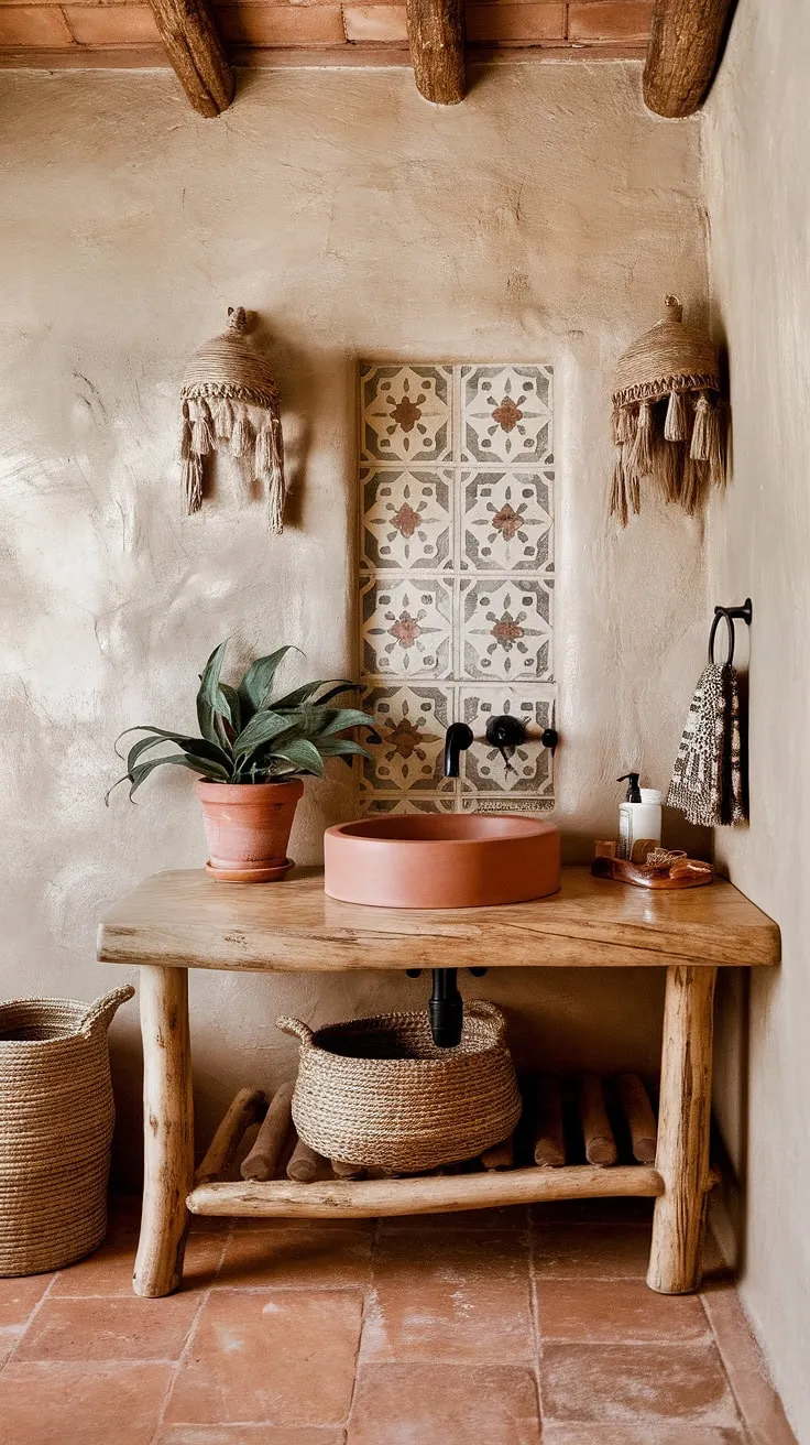Sun-drenched mornings and Southwestern serenity. This boho bathroom, with its terracotta sink and rustic charm, is a true escape. The handcrafted vanity and textured walls create a space that feels both inviting and uniquely aesthetic.
