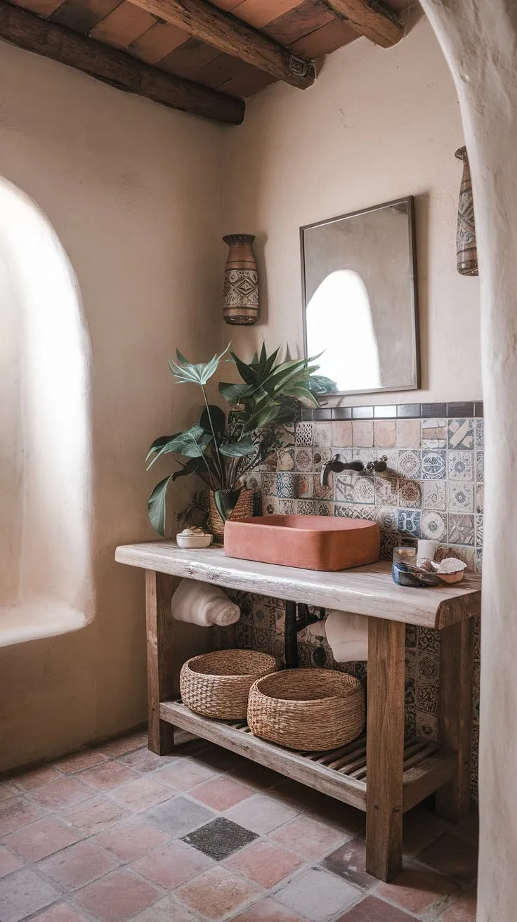 Sun-drenched mornings and Southwestern serenity. This boho bathroom, with its terracotta sink and rustic charm, is the perfect escape. The handcrafted vanity and vibrant tilework create a space that's both inviting and uniquely a appealing.