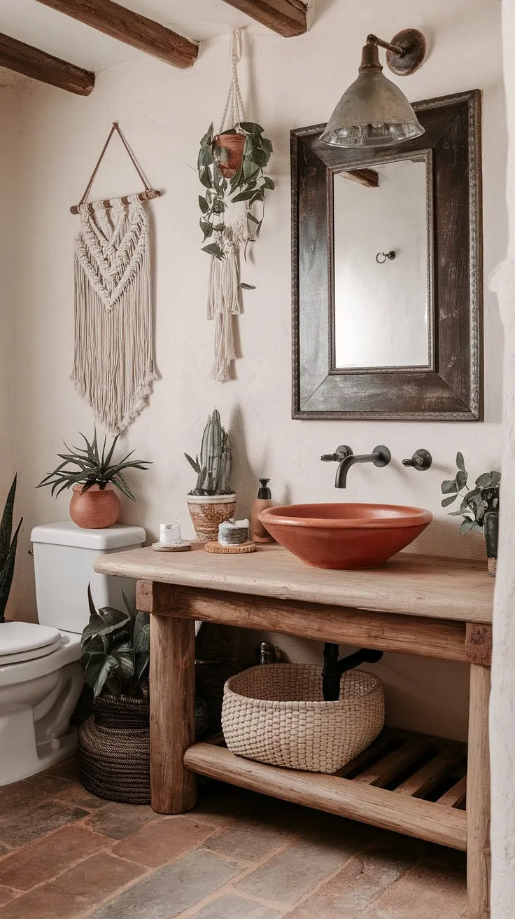 Sun-drenched terracotta tiles meet bohemian charm in this Southwestern sanctuary. The rustic vanity, complete with its earthy bowl, perfectly complements the vintage sink and hand-crafted macrame wall hanging, creating a space that's both serene and spirited. A true escape.