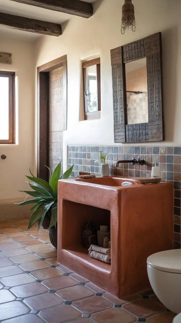 Sun-drenched mornings and Southwestern serenity. This terracotta vanity, with its rustic charm and white sink, is the heart of a bathroom escape. The hand-painted tiles and potted plant add to the tranquil ambiance, creating a space where relaxation meets vibrant design.