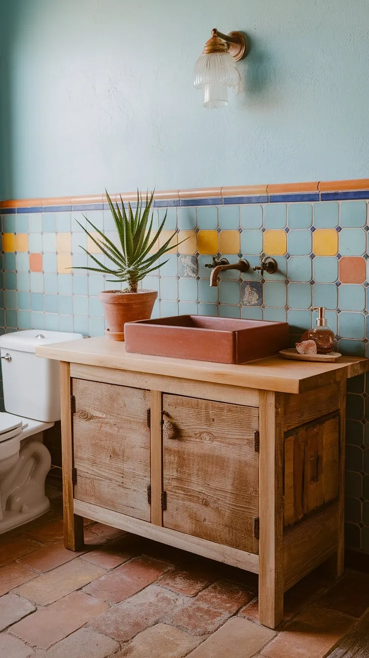 A burst of color and handcrafted charm in this Southwestern-inspired bathroom. The terracotta sink and earthy tones create a warm and inviting atmosphere, while the unique tilework adds a touch of playful artistry. A perfect blend of rustic and bohemian style for a truly relaxing retreat.