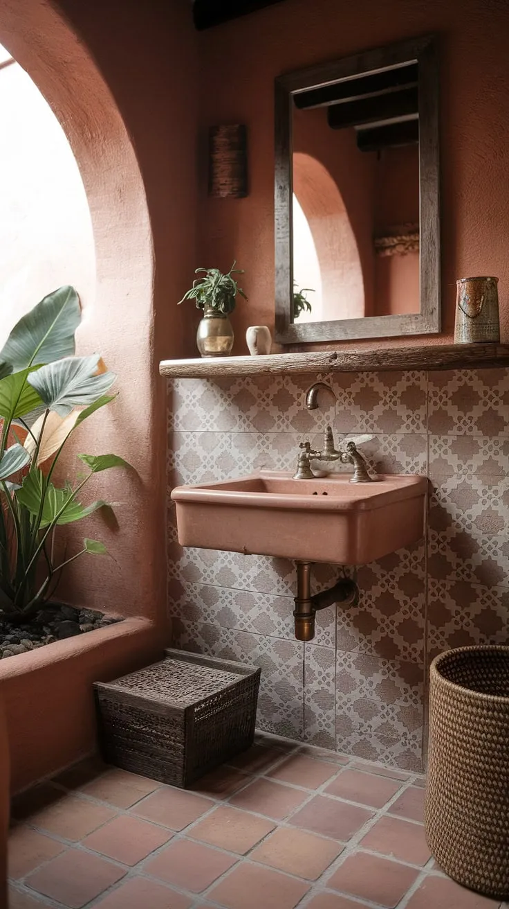 Sun-drenched mornings and desert-inspired serenity. This southwestern bathroom, with its terracotta floors, vintage sink, and handcrafted details, is a true oasis. The warm tones and natural textures create a space that feels both inviting and effortlessly chic.