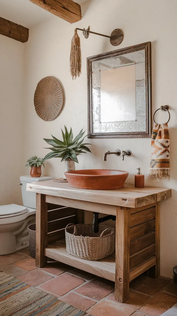 Escape to this Southwestern sanctuary. A handcrafted wooden vanity with a terracotta sink anchors the space, while rustic decor and terracotta tile flooring create a warm and inviting atmosphere. A simple plant adds a touch of nature's beauty to this calming oasis.