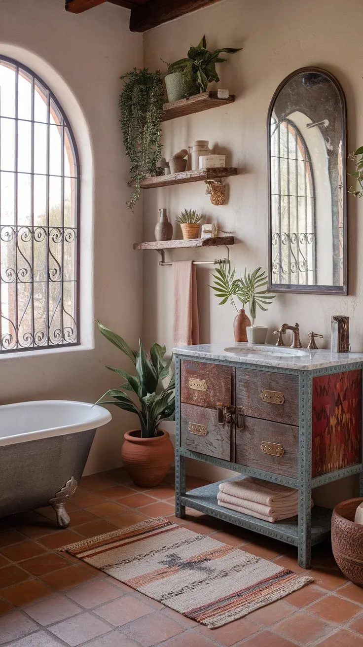 Escape to this tranquil boho bathroom, where Spanish and Southwestern styles intertwine seamlessly. The warm terracotta tones, vintage details, and lush greenery create a serene oasis. The handcrafted vanity and wrought iron window add a touch of rustic elegance, making every bath a luxurious experience.