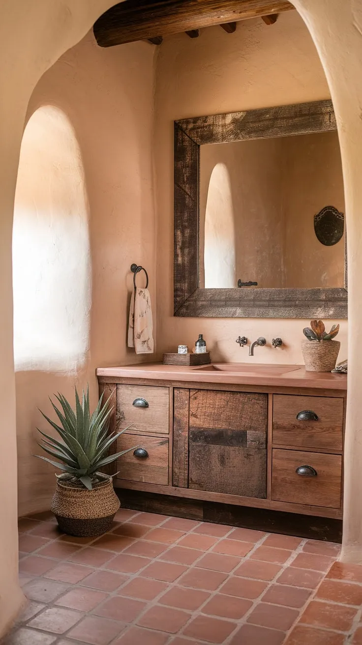 Sun-drenched terracotta floors and warm, textured walls create a haven of Southwestern charm in this boho bathroom. The rustic mirror and wooden vanity add to the inviting, Spanish-inspired ambiance, while a touch of greenery completes the serene atmosphere. A perfect blend of rustic elegance and relaxed comfort.